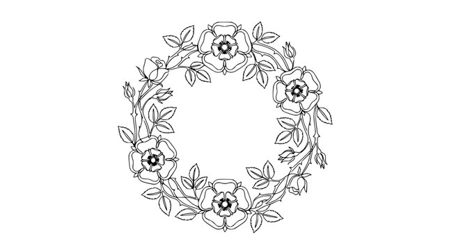 Tudor Rose Wreath Line Art - Elegant Floral Border Design