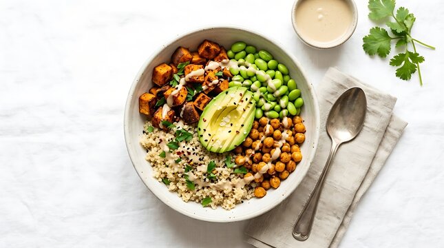 Healthy quinoa buddha bowl with avocado and sweet potato