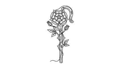 Fototapeta premium Elegant Tudor Rose and Bud Stem Outline Vector Art