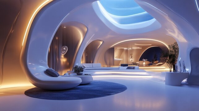 Futuristic living room, curved architecture, seamless surfaces, ambient LED lighting generative ai