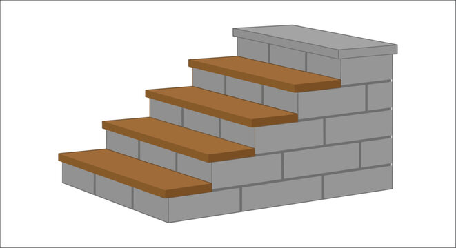 Stone and wood staircase illustration on a white background featuring five steps with textured surfaces stairs step block construction architectural element building component structure ascent