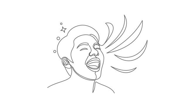Joyful man singing or shouting with eyes closed, single line art illustration