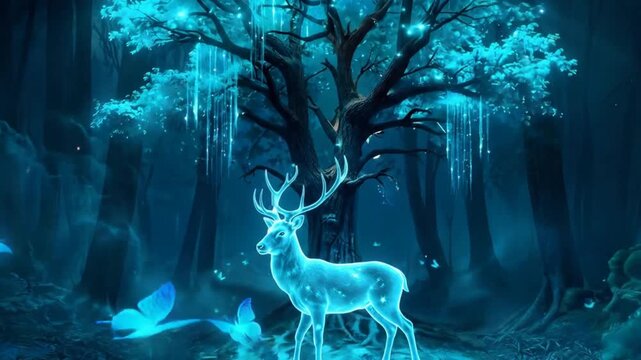 The Glowing Blue Stag Under Magical Moonlit Tree