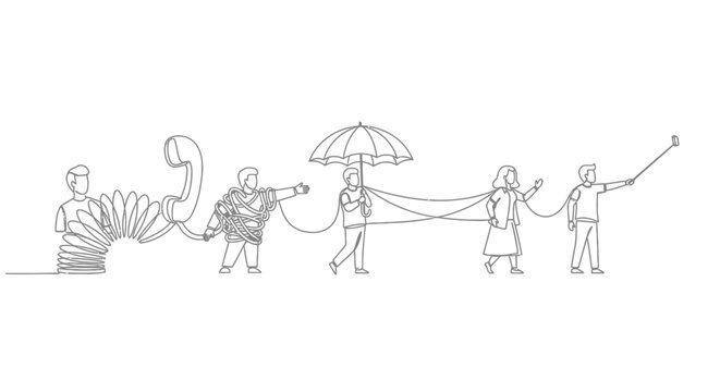 Continuous line drawing of people connected by string, symbolizing communication and connection