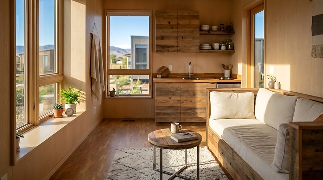 Modern tiny house interior with natural wood and bright sunlight