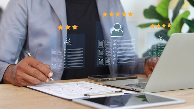 Business professional evaluating candidate profiles and performance ratings through a digital HR interface. Concept of recruitment, talent acquisition, employee assessment, customer reviews, 