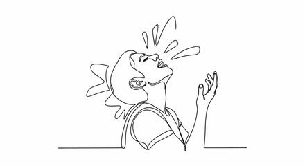 Naklejka premium Joyful Woman Laughing, One Line Drawing, Expressive Face, Feeling Free