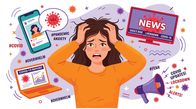 Stressed woman feeling overwhelmed by viral pandemic news and social media updates in a vector illustration