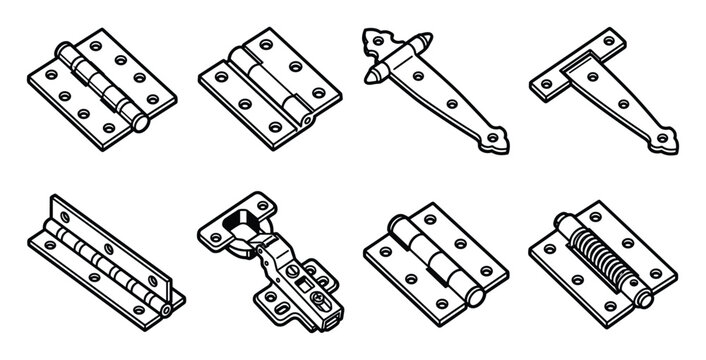 Collection of door hinge design icons showing various types of hardware.