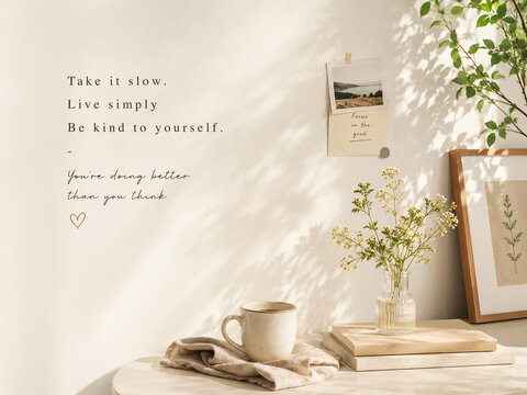 A minimalist poster featuring everyday healing and comfort, with creamy tones and an artsy, aesthetic vibe. Ideal for coffee shop wall poster. Slogan "Take it slow., Live simply, Be kind to yourself."