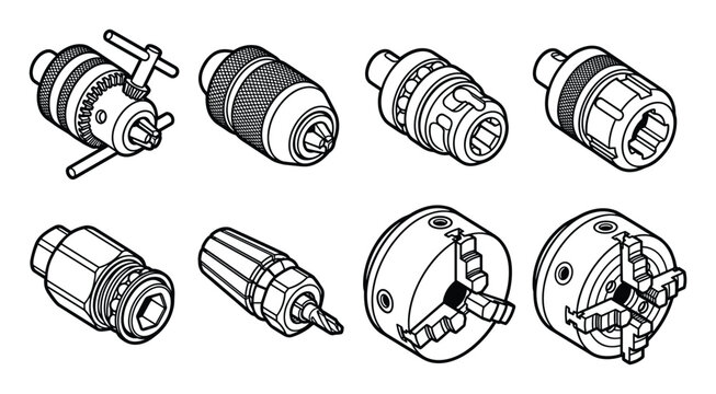 Collection of drill chuck and lathe chuck line art icons for workshop tools.