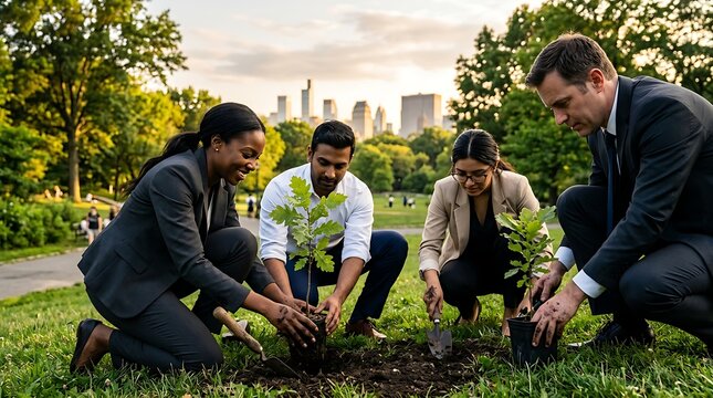 Diverse business professionals planting oak saplings in a city park