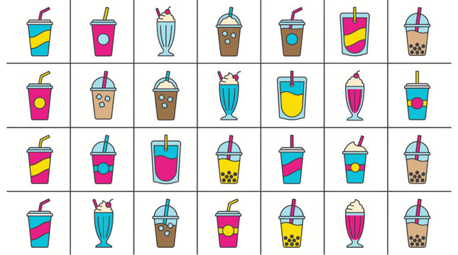 Colorful drinks with straws in grid pattern.