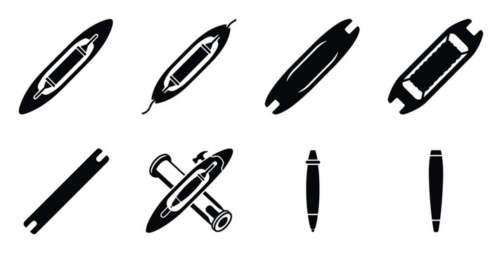 Collection of loom shuttle and bobbin icons in black and white.