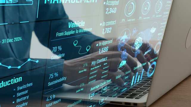 Modern business management system shows data analytics on a laptop screen, representing inventory tracking and supply chain solutions in an efficient warehouse environment. Cipher