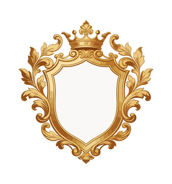 Golden heraldic shield with crown and floral ornaments on black