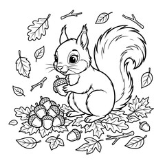 Obraz premium Cute Squirrel Holding Acorn Coloring Page Vector Illustration