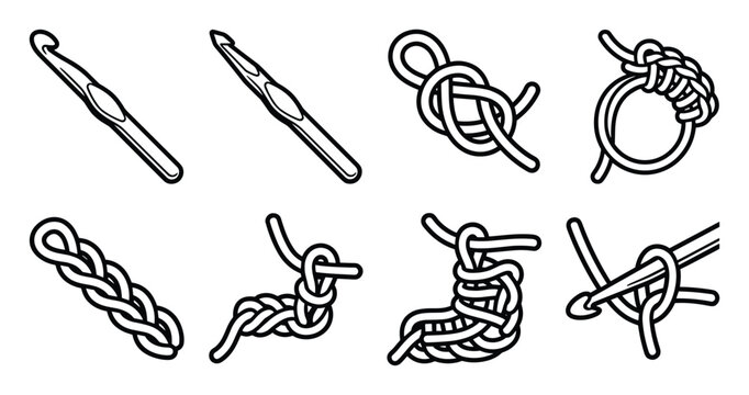 Crochet hooks and various stitch icons illustrating basic techniques.