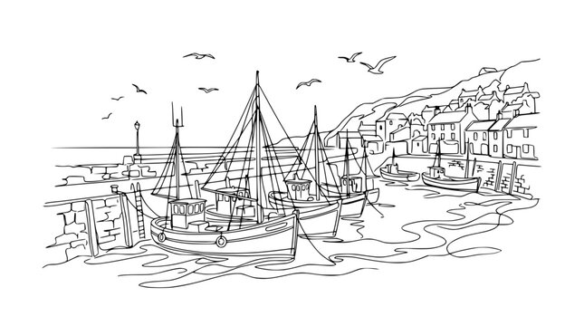 Seaside village harbor with fishing boats and seagulls, line art illustration