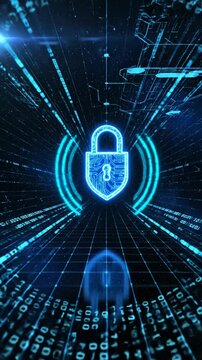 A futuristic animation of a glowing digital padlock within a cyberspace tunnel representing advanced technology and cybersecurity protection.