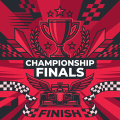 Obraz premium Winning Championship Finals Trophy And Racing Car Emblem