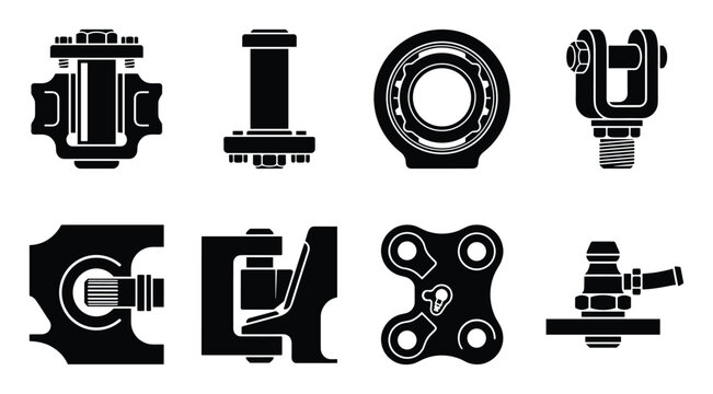 Detailed black silhouette set of mechanical parts, joints, bearings, and fittings.