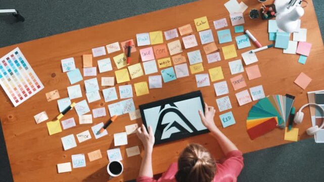 Top view of skilled business woman hold tablet with logo design at meeting. Marketing team working on tablet and walking around table and looking at sticky notes from brainstorming idea. Symposium.