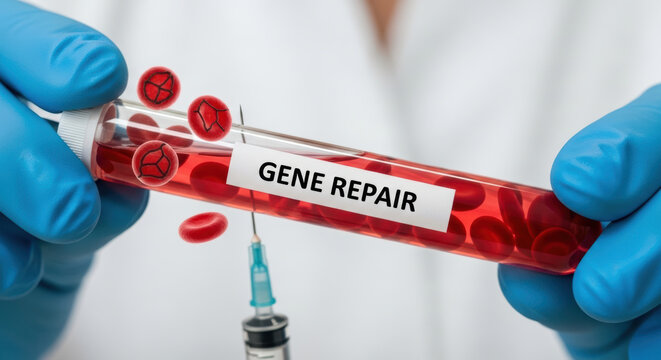 Gene editing therapies concept with scientist holding blood sample and syringe in laboratory showing medical innovation