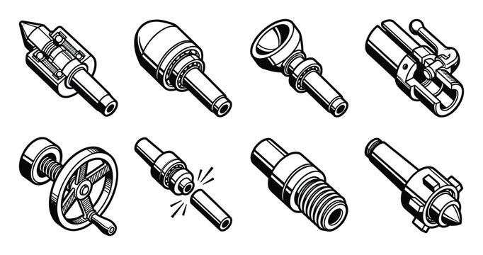 Detailed bold outlined collection of mechanical lathe centers and chucks.