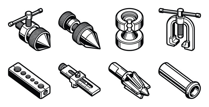 Detailed bold outlined collection of pipe flaring and tube working tools