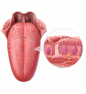 Human tongue anatomy view with detailed magnification of taste buds structures, medical illustration
