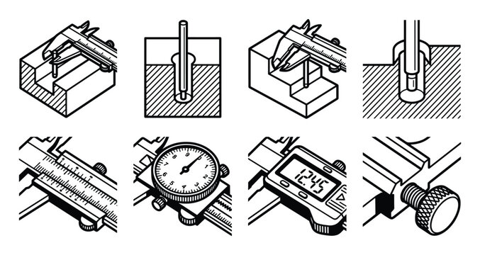 Detailed bold outlined collection of precision measuring tools illustrations.