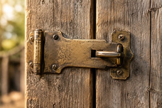 Vintage brass hasp and staple on weathered wooden door, rustic security and antique hardware concept.