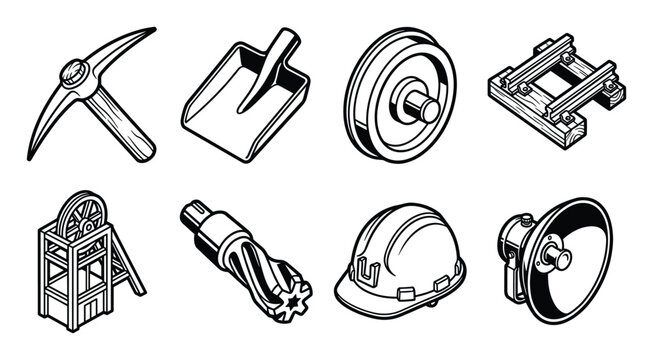 Detailed bold outlined mining tools and equipment vector icons collection