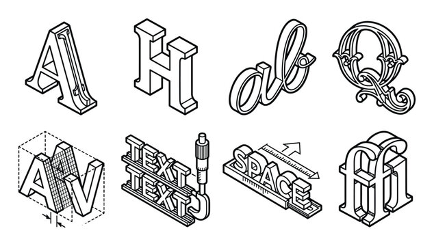 Detailed bold outlined typography examples illustrate design concepts like kerning, leading, and ligatures.