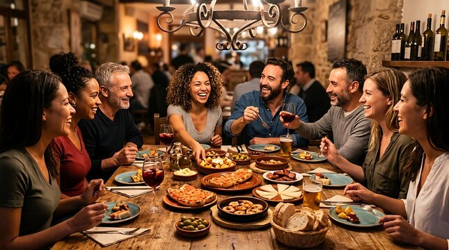 Happy friends enjoying mediterranean tapas and wine at a rustic tavern