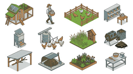 Isometric farm elements including chicken coop, farmer, garden, and equipment. © Nelya