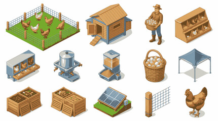 Isometric farm elements including chicken coop, hens, eggs, farmer, and solar panel. © Nelya