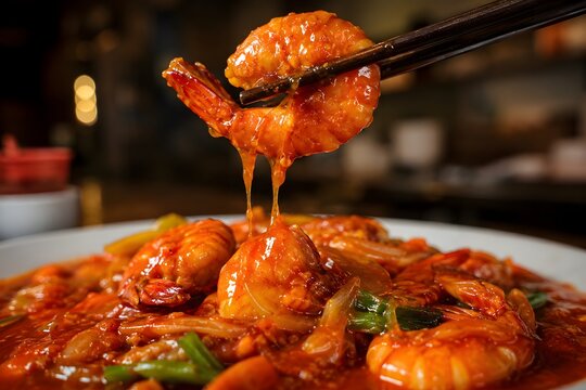 Udang Saus Padang Shrimp Lifted with Chopsticks in Spicy Red Sauce, Authentic Indonesian Seafood Cuisine