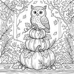 Fototapeta premium Owl Sitting on Stack of Pumpkins Autumn Coloring Page