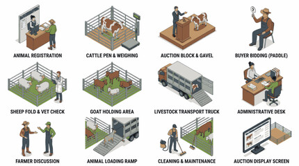 Livestock Auction Process: Registration, Holding, Transport, and Sale. © Nelya