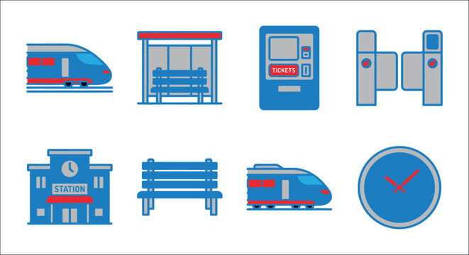 Train station icons set flat blue vector illustration on a white background railway transportation hub rail transport travel passenger tickets machine ticket dispenser turnstile gate