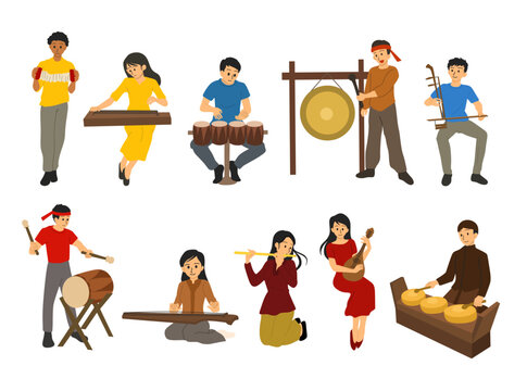 Set illustration of IIndonesian people playing various traditional musical instruments