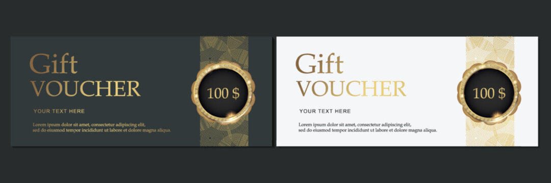 Gift voucher template set. Two horizontal elegant black and white luxury discount coupons with gold geometric patterns and seals. Modern vector layout for business, spa, or boutique retail.