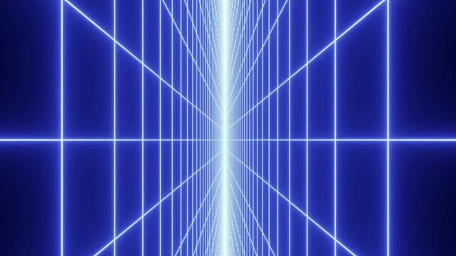 Infinite Tunnel Loop of Blue Neon Laser Grid Line on Black Background
