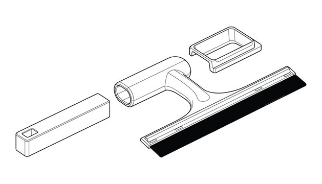 Disassembled window squeegee parts technical drawing for household cleaning.