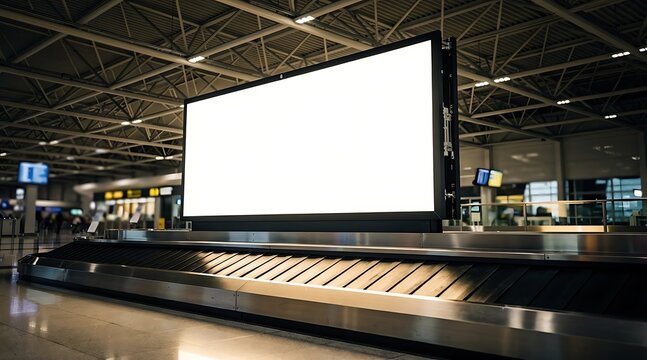 Large blank digital billboard screen on a baggage carousel at an airport terminal.