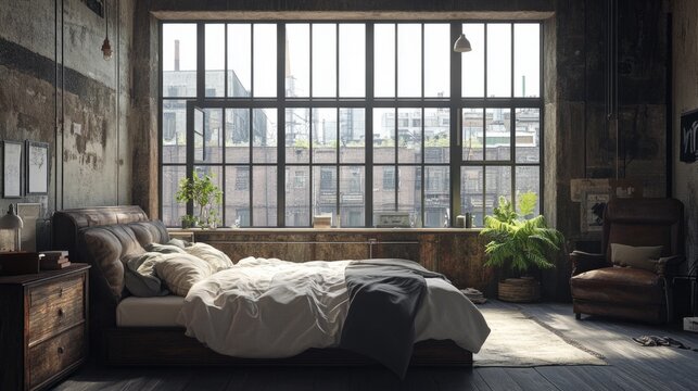 Industrial bedroom, oversized factory windows, dark wood textures, urban atmosphere generative ai