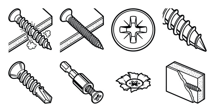 Drywall screw icons collection showing various screw types and installation.