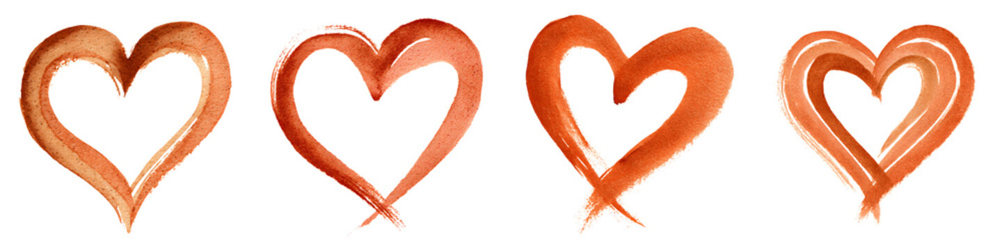 Watercolor heart brushstrokes in warm terracotta tones on white background